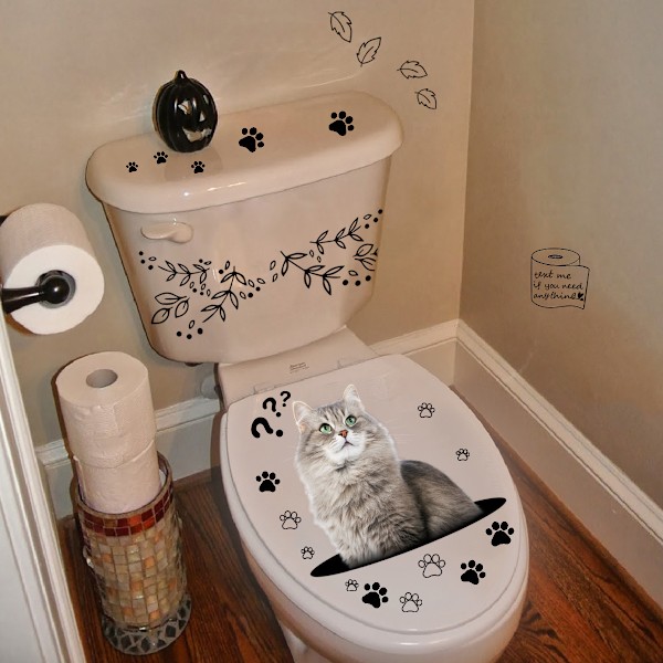 3D-toalettstolsskydd med kattmotiv, väggdekal, väggmålning, konstposter, bakgrund för badrum och sovrum