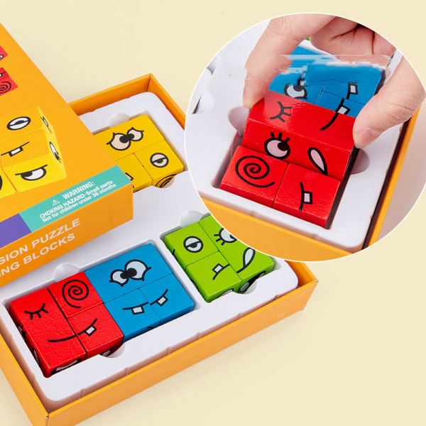 Träuttryck Matchande blockpussel Söta geometriska Emoji Byggkuber Pedagogiska Montessorileksaker