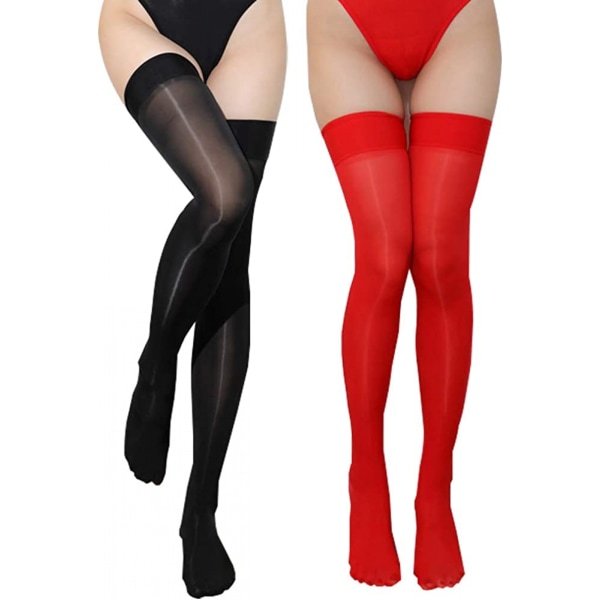 AVEKI Naisten kiiltävä läpinäkyvä seksikäs silkkisukkaiset korkeat sukat 8 denier, musta+punainen
