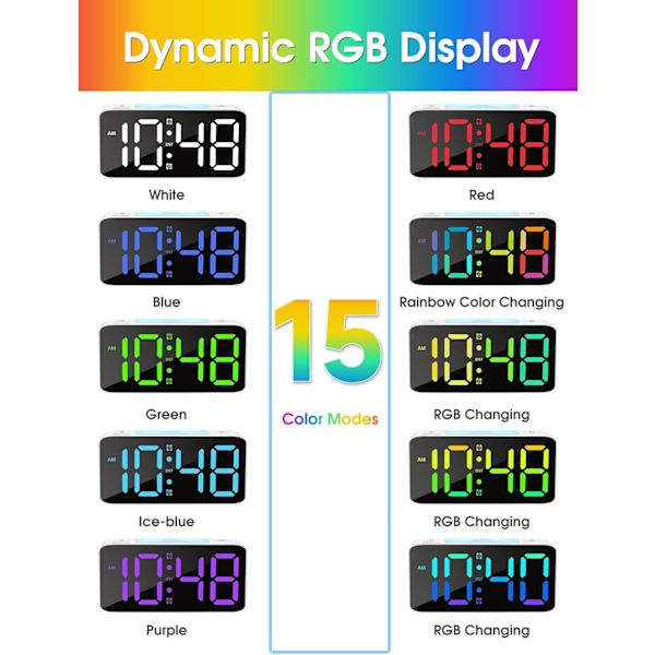 Hög ljudalarmklocka för tunga sovare, vuxna, RGB-digitalklocka med 7-färgad nattlampa, justerbar volym, USB-laddare, små klockor för sovrum Blue+rgb