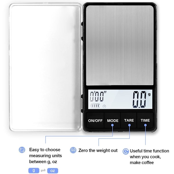 SMEspresso-vekt med timer 1000 g x 0,1 g Liten og tynn reisekaffev vekt, Mini digital vekt gram og unser med stor bakgrunnsbelyst LCD rustfritt stål