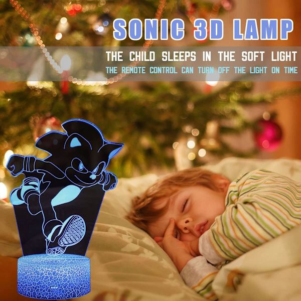 3D Sonic The Hedgehog nattlys, Sonic leketøy lampe 3 mønster 16 fargeendring dekorlampe med fjernkontroll for gutter jenter barn gaver