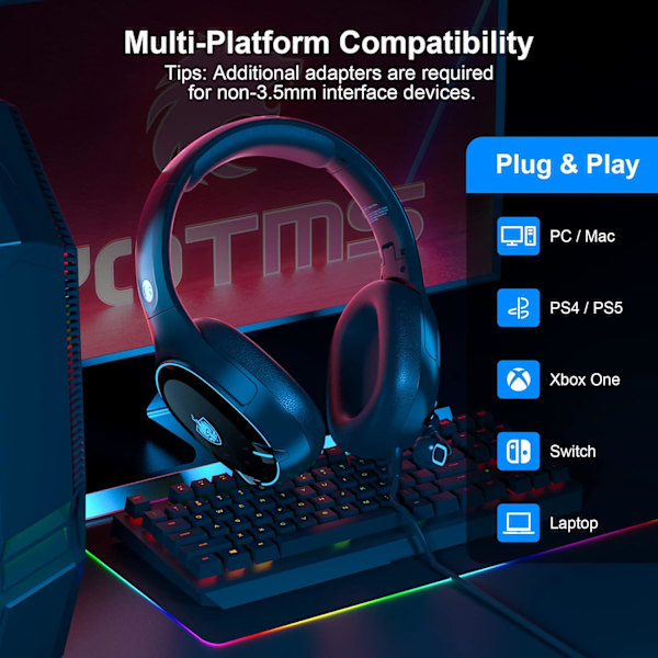 H-8 PC-spelheadset för PS4, PS5, handkontroll, Xbox One-headset med stereoljud, over-ear-hörlurar med brusreducerande mikrofon, LED-ljus, volym