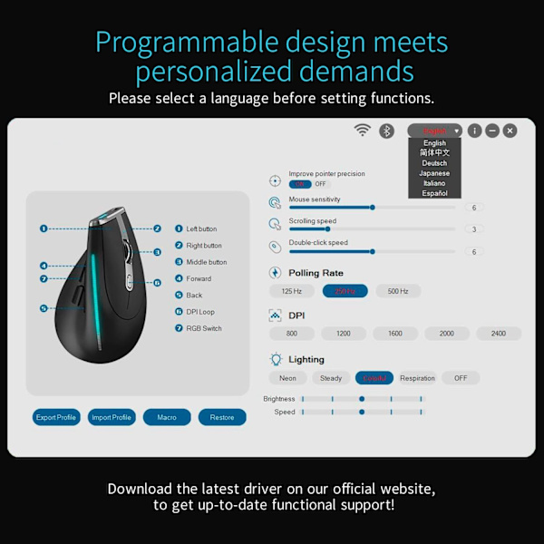 Trådløs Bluetooth Ergonomisk Vertikal Mus Programmerbare Tilpassede Knapper Indbygget Hukommelse USB Computermus til Kontor Spil Højre Hånd PC Mus