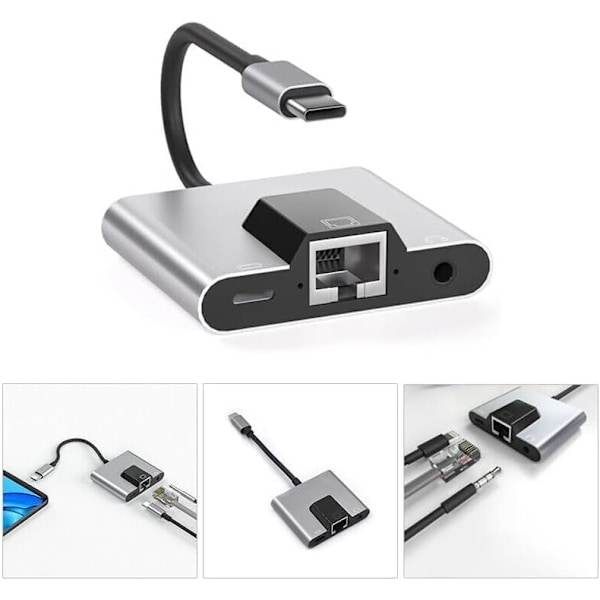 USB till Ethernet-adapter, Typ-C till Ethernet USB C till 3,5 mm ljud PD snabbladdning LAN-nätverksadapter kompatibel med bärbar dator surfplatta telefon