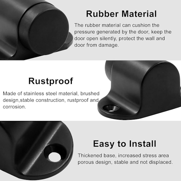 1,06 tommer / 27 mm kraftig gulvstopp, gulvmontert dørstopper med lydløs gummistøtfanger, rustfritt stål børstet svart finish - 2-pakning Black*2
