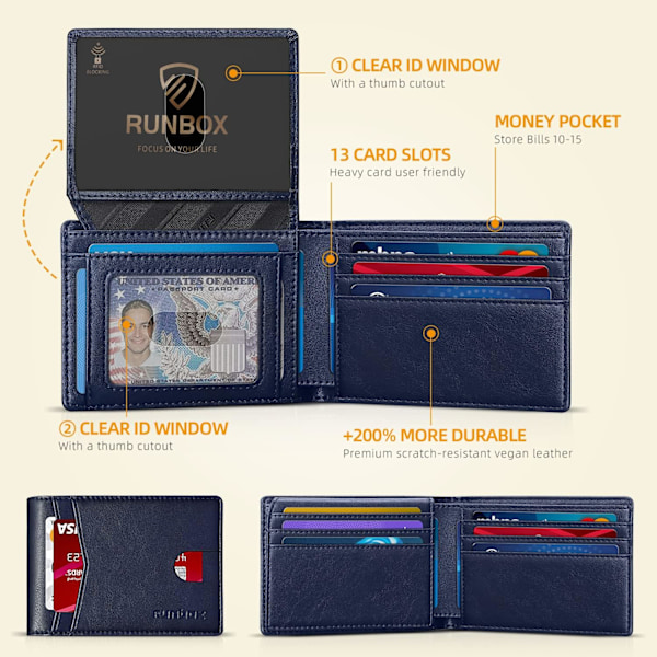 Herrplånböcker Slim Rfid Läder 2 ID-fönster med presentförpackning Classic blue
