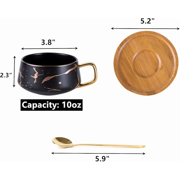 2 Pak Keramik Te/Kaffekop, 10 OZ Kaffeekop med 304 Rustfrit Stål Ske og Bambus Underkop, Marmor Espresso Kopper til Latte, Hvid og Sort