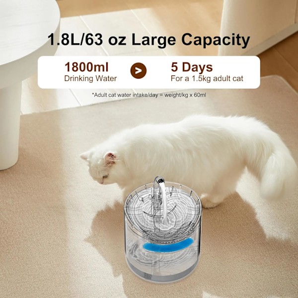 Kattvattenfontän, 85oz/2.5L Vattenfontäner för katter inomhus, Automatisk kattvattendispenser för katter, hundar, flera husdjur Clear