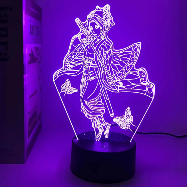 3D Illusions nattlys Anime Kochou Shinobu Lampe Led Akryl Panel Lys for soverom dekor (16 farger med fjernkontroll)