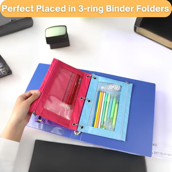 Blyantpose med 3 ringer, glidelås blyantpose etui permbinder kosmetikkpose svart 4-pakning 4Black