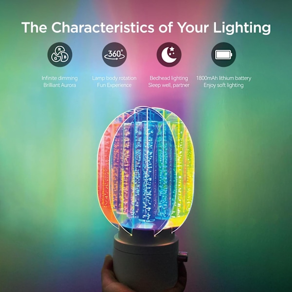 Aurora Bordlampe for Soverom, 360° Roterende RGB Sengelampe Akryl Trådløs Batteridrevet Lampe Dimbar Nattbordlampe