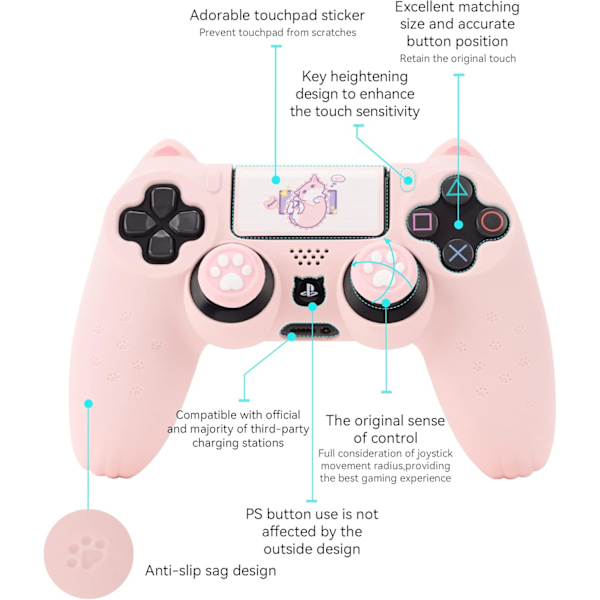 Kattenslab PS4-kontrollerhud Anti-skli Silikonhud Beskyttende Deksel for PS4 Trådløs Kontroller Pink