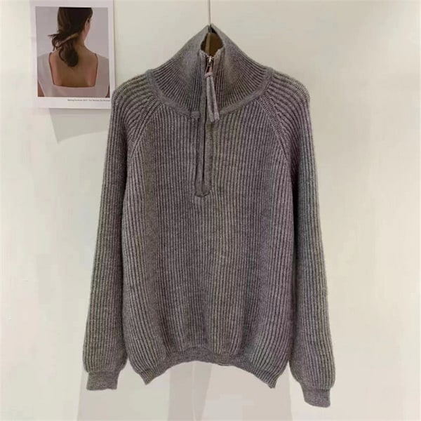Dam långärmad 1/4 dragkedja krage stickad pullover tröja randig V-ringning lös casual jumper toppar