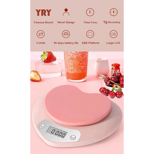 Rosa köksvåg - Stor LCD, tareringsfunktion, 11 lbs kapacitet, 0,03 oz exakt gradering - Perfekt matvåg för bakning och matlagning, ML & Oz-enhet f