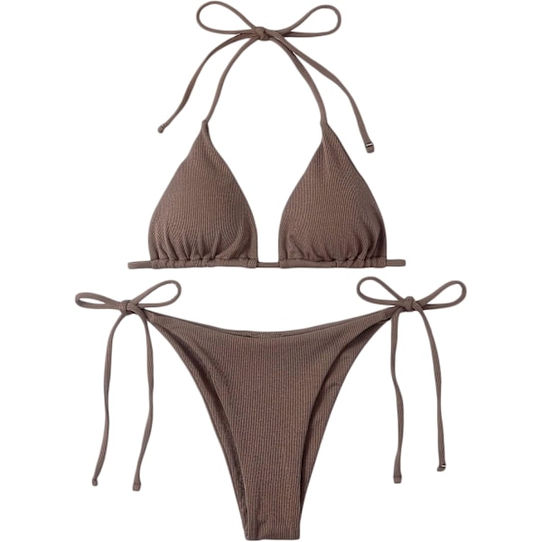 WJSM Dam Halter Tie Side Triangle Bikini Set Hög Skuren 2 Delad Bikini Baddräkt Brown1 M
