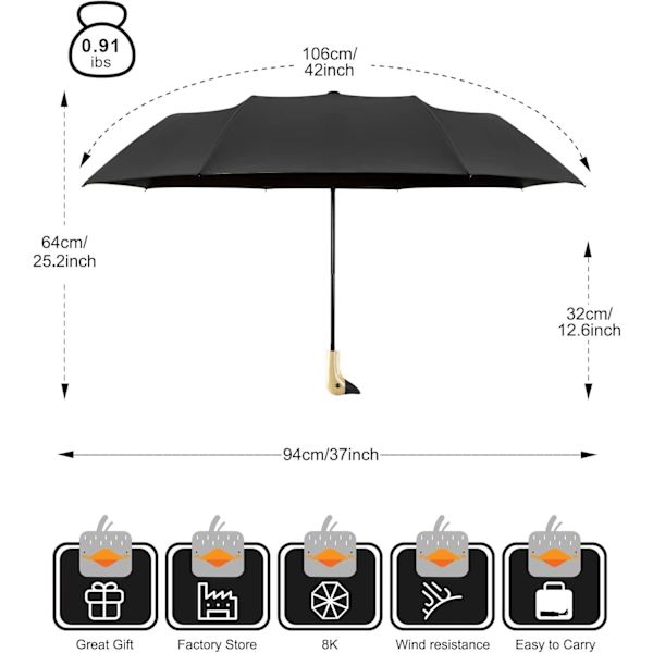 Kompakt liten paraply for regn og sol, søt design andehode paraply for jenter gaver, 8 ribber sammenleggbar paraply med trehåndtak Black