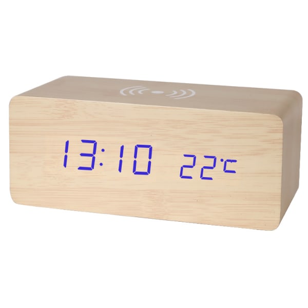 Træ Digitalt Vækkeur FM Radio, 10W Hurtig Trådløs Oplader Station til iPhone/Samsung Galaxy, 5 Niveauer Dimmer, USB Oplader Port, 2 Vågn Op Lyde, Bedr