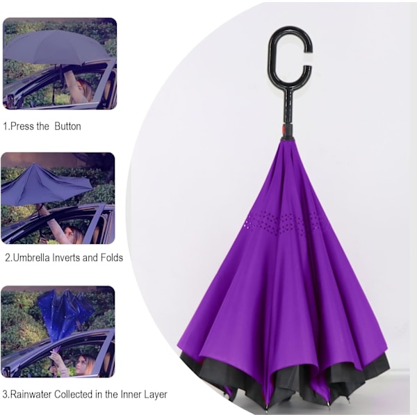 49 tommers omvendt paraply med dobbel baldakin, ekstra stor, vindtett, vanntett paraply med C-formet håndtak. Purple 49 Inch