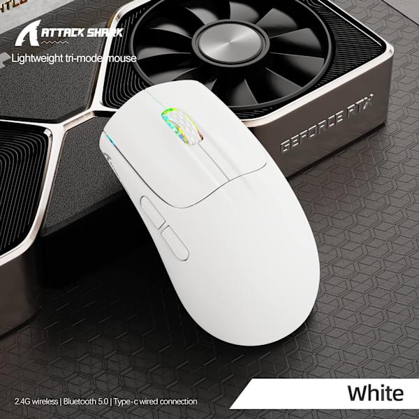 Trådlös Spelmus med Tri-lägen BT 5.1/2.4Ghz/USB-C, Lätt 49g, PAW3212 Optisk Sensor, Uppladdningsbart Batteri, RGB LED Bikake Mus White