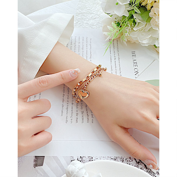 Rosaguldbelagt rustfrit stål hjerte charme kæde led armbånd, dame smykker, gaver til piger og kvinder