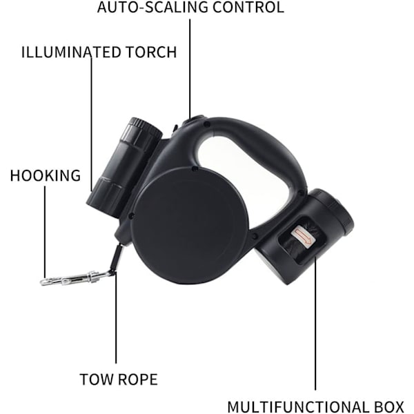 Inntrekkbar hundekobbel med lommelykt, dispenser og hundepose, kraftig nylonbånd for små, mellomstore hunder og katter, enhåndsbrems og lås. 360°Tang black