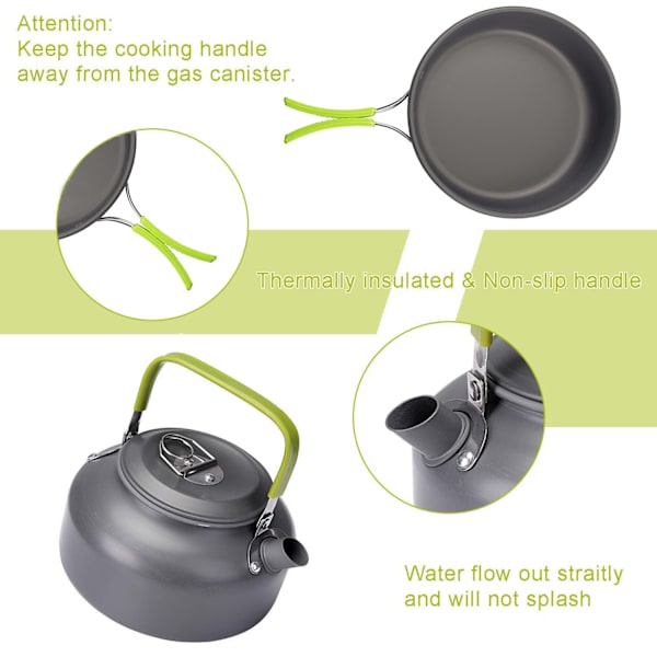 15-delars camping-kokkärlsset, non-stick lättviktsgryta, stekpanna, kittelset med rostfria stålkoppar, tallrikar, gafflar, knivar, skedar för camping, ryggsäck