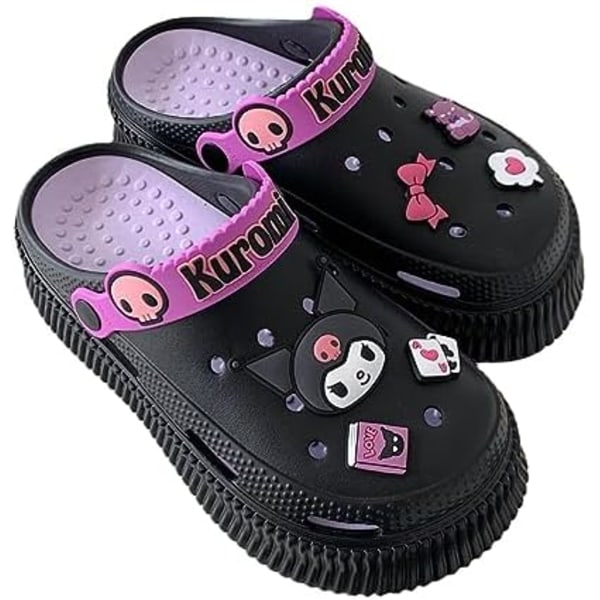 Kawaii skor Kuromi tofflor för kvinnor söta trädgårdsträskor tecknad inomhus tofflor utomhus molnsandaler flicksandaler Black 10inch