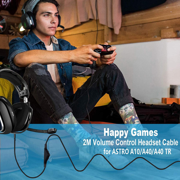 Udskiftning til Astro A40-kabel, A10-headsetkabel flettet ledning, 6,5 fod/2,0 m lydstyrkekabel kompatibel med Astro A40TR/A40/A10 Gaming Headset