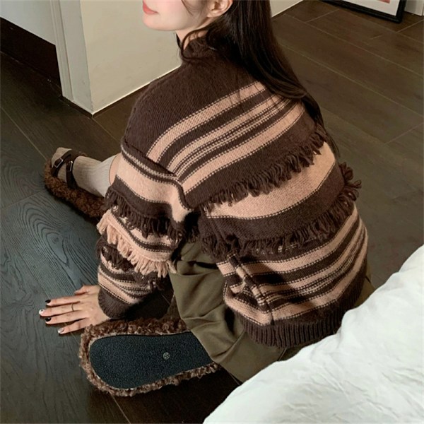 Dam Fashion Långärmad Randig Färgblock Stickad Tröja Rund Hals Lös Pullover Jumper Toppar