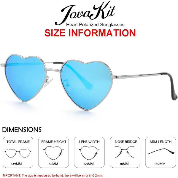 Polariserede hjerteformede solbriller til kvinder - Fashion Lovely Style Metal Frame UV400 beskyttelsesglas Silver Blue Mirror 54 Millimeters