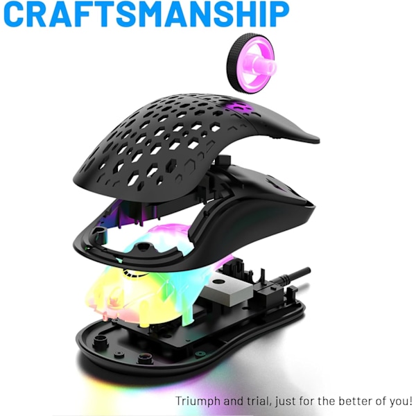 Trådbunden Spelmus, Lättvikts RGB Spelmus, 4 Justerbara DPI Upp till 3600, 6 Programmerbara Knappar, Ergonomisk Datormus för Windows/PC/Mac