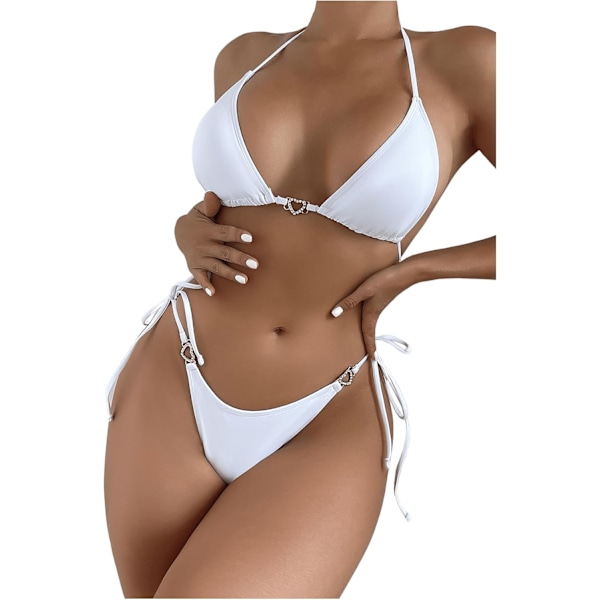 WJSM Dame Halterneck Binde Side Trekant Bikini Sæt Høj Skæring 2 Del Bikini Badetøj Rhinestone White XL