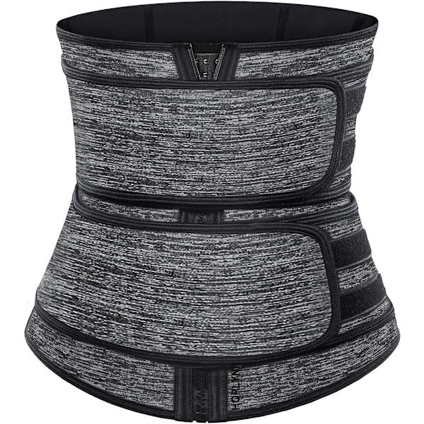 Svedbælte til kvinder med to bælter, neopren træningskorset taljetræner cincher trimmer shaper lynlås Gray M