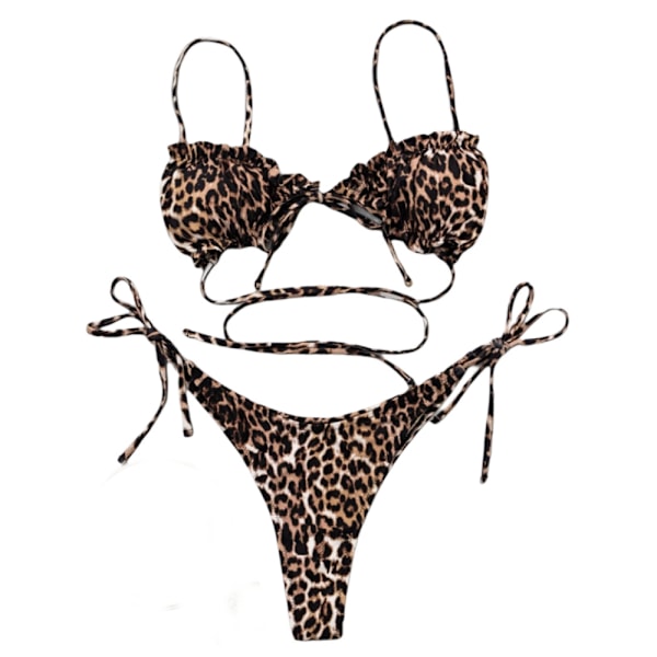 Bikini tettsittende dame 2-delt badedrakt, Fantastisk leopardmønster, Rynket trekantpose for kone (M)