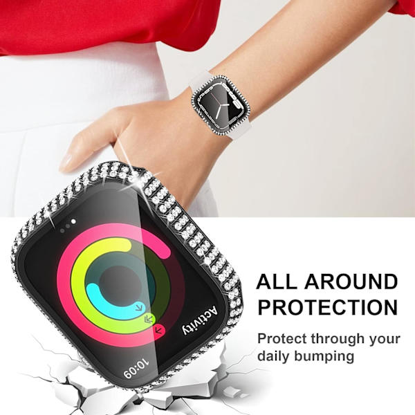 2-pack Bling-fodral till Apple Watch Series 7 45 mm med inbyggt skärmskydd i härdat glas, heltäckande Bling-fodral med kristalldiamanter till iWatch