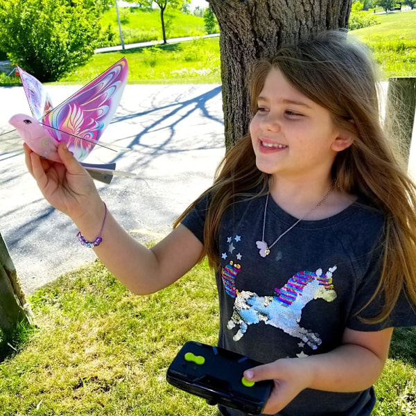eBird Rosa Sommerfugl - Flygende RC Fugl Drone Leke for Barn. Innendørs/Utendørs Fjernkontroll Bionisk Flappende Vinger Fugl Helikopter. USB Lading Pink