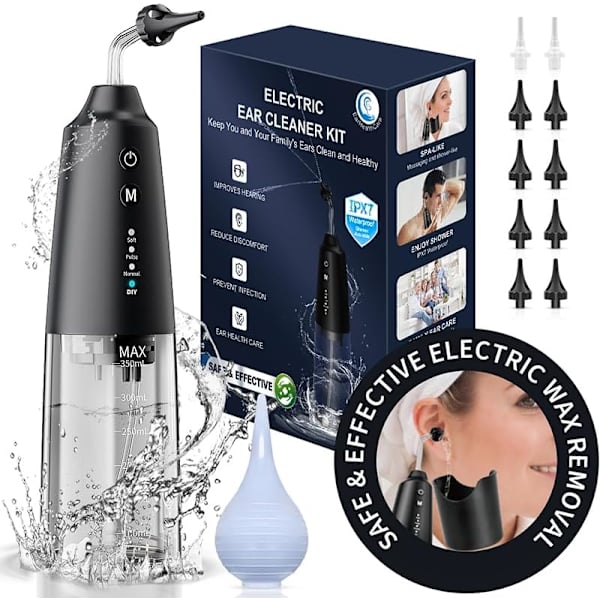 Öronvaxavlägsnande, Elektrisk Öronbevattningssystem - Vattenbaserade Öronrengörare med DIY-tryck, Säkert och Effektivt Öronvaxavlägsnande Kit - Vatten Black