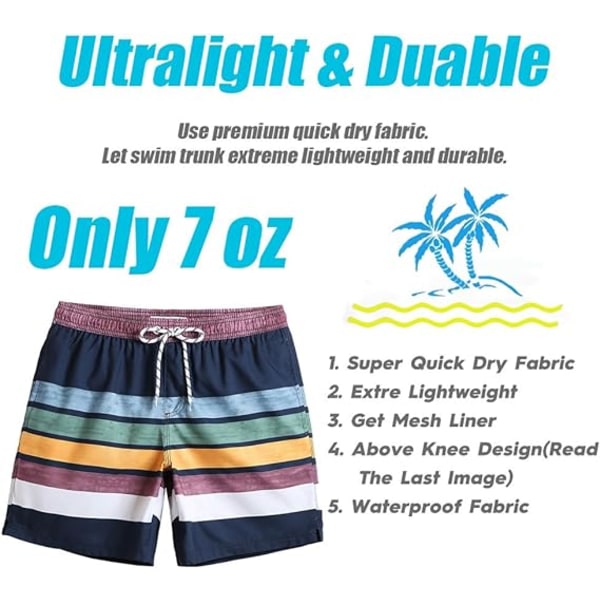 Herrebadebukser 7 Tommers Hurtigtørrende Trykte Shorts med Netforing Badetøy Badedrakter 4 Navy Blue M