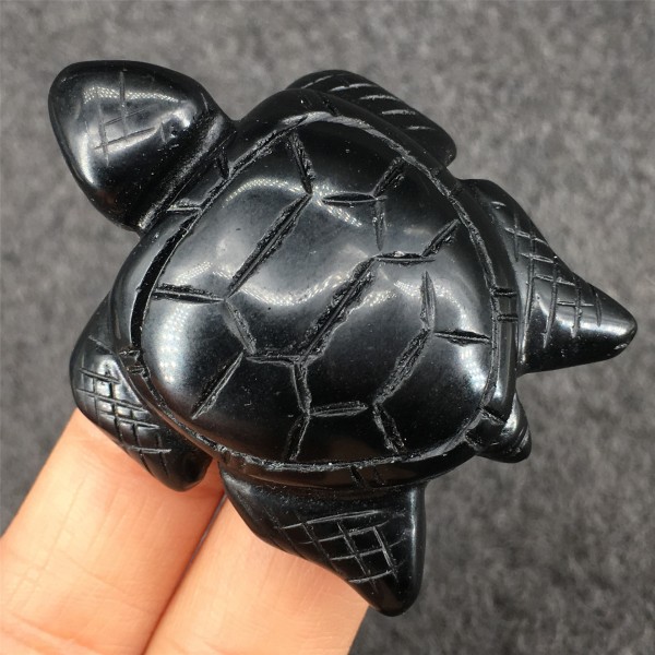 Svart Obsidian Ädelsten Sköldpadda Crystal Staty, 2 Inches Natural Palm Healing Stone snidad statyett Heminredning