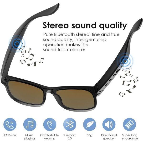 Smart Glasses Trådlösa Bluetooth Solglasögon Öppet öronmusik och handsfree-samtal, för män och kvinnor, polariserade linser, IP4 vattentät, anslut mobiltelefoner och