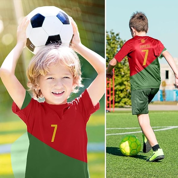 Fotbollströja för barn, fotbollströja, set med kortärmade jerseyshorts, storlek 7 Ronaldo röd tröja, fotbollströja, vuxen- och barnstrumpor 16