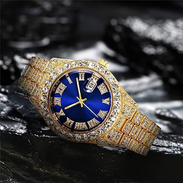 Herrklocka med diamanter, modekristall, strass, kvarts, analog klocka, armbandsklocka med is