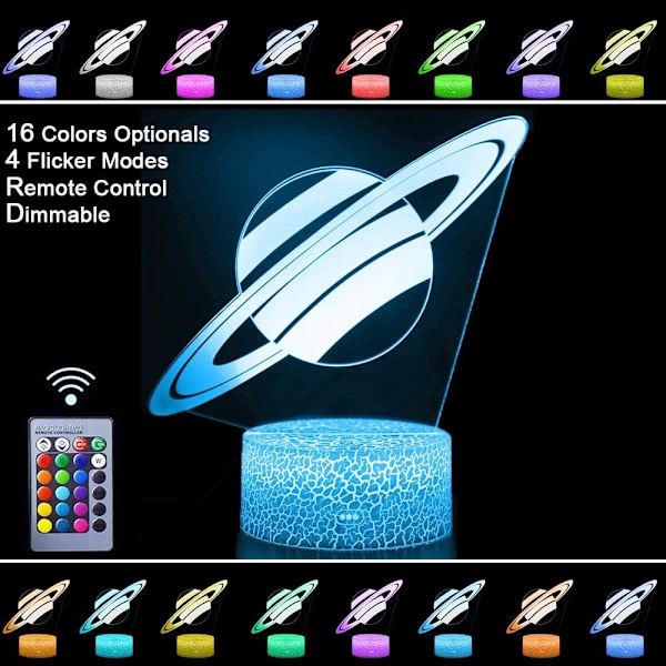 3D Planet Saturn Nattlys Stjerne Optisk Illusjon Lamper Fjernkontroll & RGB Farger Bursdag Jul Gaveideer for Rom Elskere Gutter Jenter Tenåringer (Saturn)