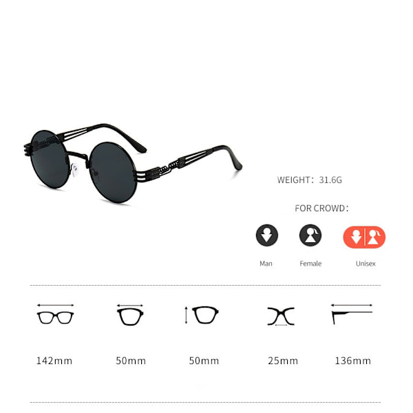 Pyöreät Steampunk-aurinkolasit John Lennon Hippie-lasit Metallirunko 100% UV-suojattu linssi