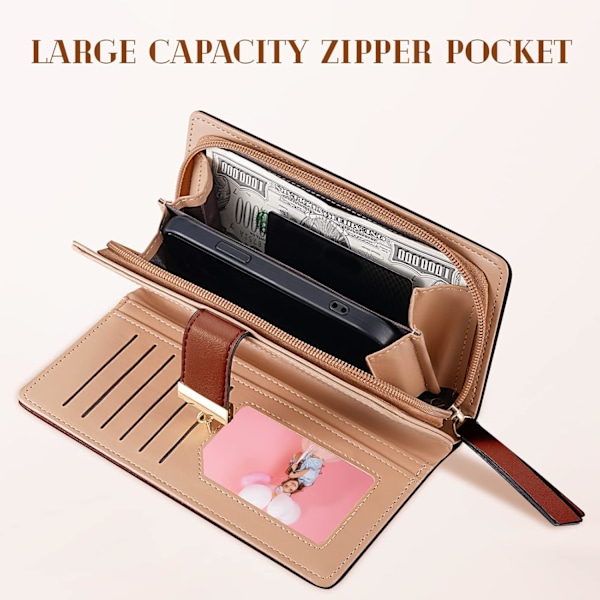 Lång Blad Damplånbok Bifold Läder Korthållare Plånbok Dragkedja Spänne Elegant Clutch Handväska för Kvinnor - Brun Brown