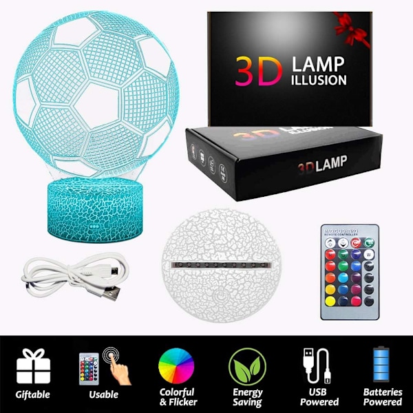 3D Fotboll Nattlampa Illusion LED Lampor Fjärrkontroll USB-driven RGB Färger Bytbara Gåvor för Pojkar Fotbollsälskare för Födelsedag Jul (S