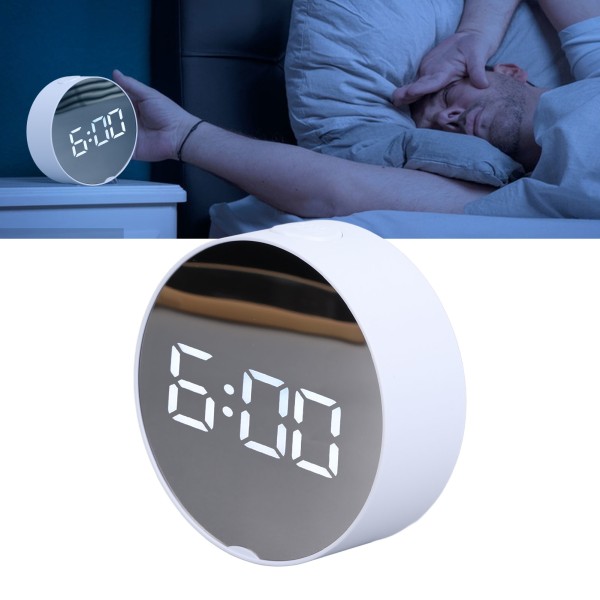Digital Spegelklocka Alarm Vit Stor Rund Skärm Lättläst Bärbar LED-klocka för Kontor Sovrum Resor