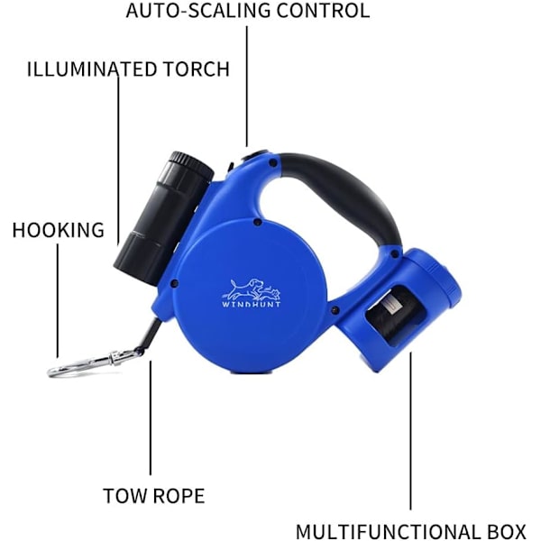 Inntrekkbar hundebånd med lommelykt, dispenser og hundepose, slitesterk nylonbånd for små, mellomstore hunder og katter, enhåndsbrems og lås. 360°Tang blue