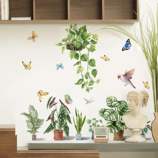 Wall Sticker Mural Green Plants Flower Potted Butterfly Wall Stickers Living Room Bedroom Home Decor Self-Adhesive Wallpape